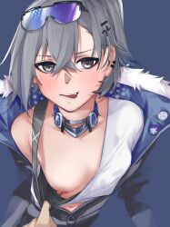Rule 34 | 1girl, absurdres, black jacket, blush, breasts, commentary request, crop top, fur-trimmed jacket, fur trim, goggles, goggles on head, grey eyes, grey hair, hair between eyes, highres, honkai: star rail, honkai (series), jacket, long hair, looking at viewer, navel, nipples, pov, pov hands, pulling another&#039;s clothes, shion1350, silver wolf (honkai: star rail), simple background, small breasts, solo focus, teeth, tongue, tongue out, upper teeth only