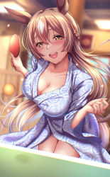 Rule 34 | 1girl, animal ears, argyle, blurry, blurry background, blush, braid, breasts, brown hair, ceiling light, cleavage, commentary, cowboy shot, curled fingers, eyelashes, floral print, forehead, hair between eyes, half updo, highres, horse ears, horse girl, indoors, japanese clothes, kimono, large breasts, light particles, lips, long hair, long sleeves, multicolored hair, open mouth, rairaisuruyo, satono diamond (umamusume), sidelocks, solo, sweat, table tennis, teeth, two-tone hair, umamusume, upper teeth only, white hair, wide sleeves, wooden door, yellow eyes, yukata