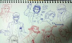 Rule 34 | 2boys, alto clef, assa, bug, butterfly, character name, character sheet, cigarette, facial hair, glasses, gradient background, gun, hat, insect, kondraki, lab coat, male focus, monochrome, multiple boys, multiple monochrome, no headwear, parted lips, scp-408, scp foundation, sketch, upper body, weapon
