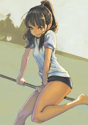 Rule 34 | 1girl, arm support, aro (charged time out), bad id, bad pixiv id, barefoot, breasts, brown eyes, brown hair, buruma, crotch rub, crotch rubbing against pole, crotch rubbing pole, facing viewer, gym uniform, high ponytail, horizontal pole crotch rub, horizontal pole rub, long hair, looking at viewer, open mouth, original, pole, pole grind, ponytail, small breasts, smile, solo, tight clothes