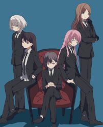 Rule 34 | 5girls, absurdres, armchair, bang dream!, bang dream! it&#039;s mygo!!!!!, black footwear, black gloves, black jacket, black necktie, black pants, black suit, blue background, blue eyes, brown eyes, brown hair, chair, chihaya anon, closed mouth, coldcat., collared shirt, commentary request, commission, formal, full body, gloves, grey eyes, grey hair, heterochromia, highres, jacket, kaname raana, long hair, long sleeves, looking at viewer, medium hair, mole, mole under eye, multiple girls, mygo!!!!! (bang dream!), nagasaki soyo, necktie, own hands together, pants, parted lips, pink hair, second-party source, shadow, shiina taki, shirt, short hair, simple background, sitting, smile, suit, suit jacket, takamatsu tomori, white hair, white shirt, yellow eyes