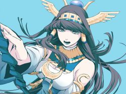 Rule 34 | 1girl, black hair, blue eyes, blue lips, breasts, cleavage, detached sleeves, egyptian, foreshortening, head wings, isis (p&amp;d), jewelry, large breasts, lipstick, long hair, lots of jewelry, makeup, nagi kanako, puzzle &amp; dragons, snake, solo, wings