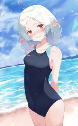 Rule 34 | 1girl, arms behind back, beach, blue one-piece swimsuit, commentary request, competition school swimsuit, elf, looking at viewer, medium hair, mushoku tensei, nakami chihiro, ocean, one-piece swimsuit, pointy ears, red eyes, school swimsuit, smile, solo, spoilers, standing, swimsuit, sylphiette (mushoku tensei), white hair