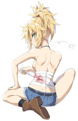 Rule 34 | 1girl, back, bandages, belt, black choker, black socks, blonde hair, blood, bloody bandages, blush, boots, braid, breasts, brown footwear, butt crack, choker, closed mouth, commentary, crossed bandaids, cutoffs, denim, denim shorts, fate (series), french braid, full body, green eyes, hand on own thigh, highres, knee boots, kneehighs, mordred (fate), mordred (fate/apocrypha), motion lines, pocket, ponytail, profile, shoe soles, short shorts, shorts, shoulder blades, sidelocks, simple background, sitting, small breasts, socks, solo, spread legs, tonee, v-shaped eyebrows, white background