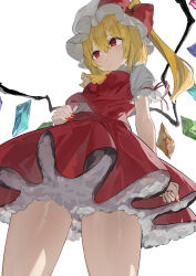 Rule 34 | 1girl, absurdres, ascot, blonde hair, closed mouth, crystal wings, flandre scarlet, from below, highres, medium hair, nanashita shiki, puffy short sleeves, puffy sleeves, red eyes, short sleeves, side ponytail, solo, thighs, touhou, white background, yellow ascot