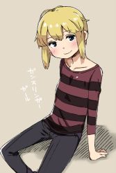 Rule 34 | 1girl, androgynous, blonde hair, blue eyes, blush, bob cut, breasts, closed mouth, collagen, denim, gunslinger girl, jeans, looking at viewer, pants, rico (gunslinger girl), shirt, short hair, simple background, smile, solo, striped clothes, striped shirt