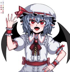 Rule 34 | 1girl, bat wings, black wings, blue hair, blush, brooch, collared shirt, color guide, fangs, fingernails, formicid, hair between eyes, hat, hat ribbon, jewelry, mob cap, nail polish, open mouth, pointy ears, red eyes, red nails, red ribbon, remilia scarlet, ribbon, shirt, short hair, short sleeves, simple background, skirt, smile, solo, touhou, upper body, white background, white hat, white shirt, white skirt, wings, wrist cuffs