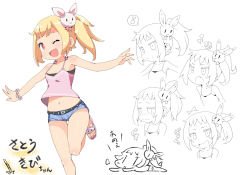Rule 34 | 1girl, blonde hair, blush, bracelet, character sheet, denim, denim shorts, fang, hair ornament, jewelry, navel, one eye closed, original, outstretched arms, rabbit hair ornament, red eyes, sandals, sasago kaze, short shorts, shorts, side ponytail, simple background, smile, spread arms, tank top, tears