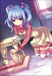 Rule 34 | 1girl, bed, bedroom, blue hair, chiyingzai, doll, dutch angle, female focus, indoors, kneeling, original, pink eyes, sleeping, solo, striped clothes, striped thighhighs, thighhighs, twintails