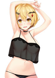 Rule 34 | 1girl, alternate costume, armpits, arms up, babydoll, bat hair ornament, black camisole, black choker, black panties, blonde hair, blush, breasts, camisole, choker, cleavage, collarbone, commentary, cowboy shot, fangs, groin, hair between eyes, hair ornament, hairclip, hololive, kosuke (bb), large breasts, looking at viewer, navel, open mouth, panties, see-through, see-through silhouette, short hair, simple background, skindentation, smile, solo, stomach, underwear, underwear only, virtual youtuber, white background, yellow eyes, yozora mel
