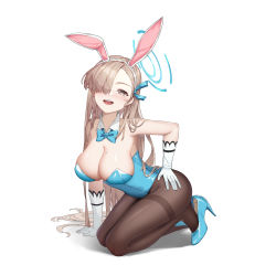 Rule 34 | 1girl, absurdres, animal ears, arm support, asuna (blue archive), asuna (bunny) (blue archive), azema, bare shoulders, blue archive, blue bow, blue bowtie, blue leotard, blue pantyhose, blush, bow, bowtie, breasts, brown hair, brown pantyhose, cleavage, detached collar, fake animal ears, full body, gloves, hair over one eye, hairband, halo, hand on own hip, high heels, highres, kneeling, large breasts, leotard, long hair, looking at viewer, mole, mole on breast, open mouth, pantyhose, playboy bunny, rabbit ears, shoe dangle, simple background, smile, solo, thighband pantyhose, white background, white gloves, yellow eyes