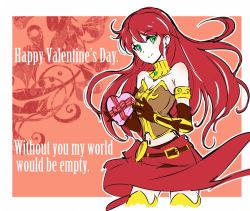Rule 34 | 1girl, belt, box, breasts, cleavage, commentary, english text, gift, green eyes, hair down, heart-shaped box, iesupa, navel, pyrrha nikos, red hair, rwby, solo, valentine