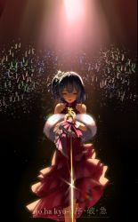 Rule 34 | 1girl, absurdres, blue hair, closed mouth, dress, fur trim, hair ornament, highres, idolmaster, idolmaster shiny colors, light rays, microphone, microphone stand, morino rinze, music, noir socery777, one side up, open mouth, rainbow, red dress, short hair, silhouette, singing, solo