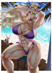 Rule 34 | 1girl, abs, armpits, arms behind head, arms up, beach, beverages, bikini, blonde hair, blue sky, blush, breasts, choker, cleavage, collarbone, covered erect nipples, drinking straw, dripping, barghest (fate), fate/grand order, fate (series), female focus, green eyes, hairband, unworn hairband, headgear, heterochromia, highres, huge breasts, jewelry, legs apart, long hair, looking at viewer, mouth hold, muscular, muscular female, navel, necklace, palm tree, purple bikini, red eyes, ship&#039;s wheel, shiriya, shirt, side-tie bikini bottom, sitting, skindentation, sky, smile, solo, spread legs, sunglasses on head, swimsuit, thick thighs, thighs, tree, tying hair, wet, wet clothes, wet shirt, wind, wind lift, wooden floor