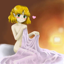 Rule 34 | 1girl, blanket, blonde hair, blush, covering privates, female focus, green eyes, heart, looking at viewer, mizuhashi parsee, nude, official style, parody, pointy ears, smile, solo, style parody, touhou, yuki-ichigo, zun (style)