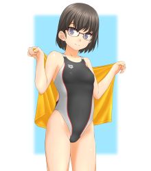 Rule 34 | 1girl, arena (company), bad id, bad pixiv id, black hair, black one-piece swimsuit, competition swimsuit, cowboy shot, glasses, highres, looking at viewer, one-piece swimsuit, original, purple eyes, short hair, smile, solo, swimsuit, takafumi, towel