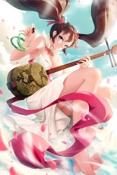 Rule 34 | &gt;:), 1girl, bangle, barefoot, blue eyes, blue sky, bracelet, breasts, brown hair, cloud, commentary, day, dress, fingernails, floating hair, full body, hair bobbles, hair ornament, hair ribbon, highres, holding, holding instrument, instrument, jewelry, large breasts, long hair, looking at viewer, nail polish, obaoba (monkeyix), original, outdoors, petals, pink nails, pink ribbon, plectrum, ribbon, sanshin, sharp fingernails, short dress, sidelocks, sky, smile, solo, strapless, strapless dress, thighs, twintails, v-shaped eyebrows, white dress
