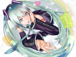 Rule 34 | 1girl, bad id, bad pixiv id, bare shoulders, blue eyes, blue hair, female focus, floating screen, from above, hatsune miku, kibamigohann, light smile, long hair, matching hair/eyes, open mouth, solo, twintails, very long hair, vocaloid