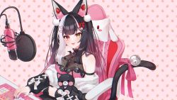 Rule 34 | 1girl, 2nii, animal ears, bell, black hair, colored tips, commission, green eyes, hair ornament, hairclip, highres, indie virtual youtuber, long hair, multicolored hair, pink hair, qiu yue (vtuber), red eyes, solo, stuffed animal, stuffed toy, tail, tail ornament, virtual youtuber, white hair
