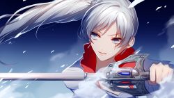 Rule 34 | 1girl, asd13, bad id, bad pixiv id, blue eyes, collarbone, hair between eyes, highres, holding, holding weapon, long hair, long sleeves, parted lips, portrait, rwby, scar, scar across eye, scar on face, silver hair, solo, upper body, very long hair, weapon, weiss schnee