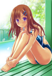 Rule 34 | 1girl, barefoot, blush, brown hair, chain-link fence, coffee yarou, competition swimsuit, day, feet, fence, glasses, hair ornament, hairclip, hands on feet, highres, hugging own legs, long hair, looking at viewer, mole, mole under eye, one-piece swimsuit, original, outdoors, pool, poolside, purple eyes, smile, solo, sunlight, swimsuit, tan, wet