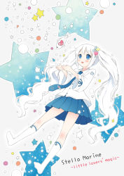 Rule 34 | 1girl, alternate color, blue eyes, bubble, fish, hatsune miku, heart, legs, necktie, no shoes, open mouth, skirt, solo, star (symbol), stella marine (vocaloid), tsukina (artist), twintails, vocaloid, white hair