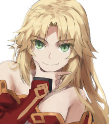 Rule 34 | 1girl, bandeau, bare shoulders, blonde hair, breasts, detached collar, detached sleeves, fate/apocrypha, fate/grand order, fate (series), green eyes, hand on own chin, highres, long hair, looking at viewer, mordred (fate), mordred (fate/apocrypha), parted bangs, sidelocks, simple background, small breasts, smile, solo, stroking own chin, tonee, white background