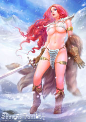 Rule 34 | 1girl, absurdres, animification, armlet, armor, bikini armor, blue eyes, boots, breasts, curly hair, gloves, highres, large breasts, loincloth, long hair, marvel, no panties, outdoors, pelvic curtain, red hair, red sonja, red sonja (comics), shawli, snow, sword, underboob, warrior, weapon, winter
