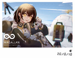 Rule 34 | 1girl, :d, arknights, backpack, bag, brown hair, camill, character name, chromatic aberration, commentary request, drone, gloves, hair between eyes, highres, igloo, jacket, charm (object), long sleeves, looking at viewer, magallan (arknights), multicolored hair, open mouth, partial commentary, raglan sleeves, rhine lab logo, short hair, smile, snow shelter, solo, streaked hair, emperor (arknights), upper body, white gloves, white hair, white jacket, yellow eyes