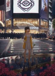 Rule 34 | 1girl, 6+others, absurdres, bag, barefoot, black hair, blunt bangs, car, city, commentary, crowd, disembodied hand, dress, english commentary, flower, gradient hair, highres, holding, holding bag, holding umbrella, hololive, hololive english, long hair, looking at viewer, mocomiliano, motor vehicle, multicolored hair, multiple others, ninomae ina&#039;nis, official alternate costume, official alternate hairstyle, orange hair, outdoors, pointy ears, ponytail, raincoat, red flower, road, shibuya (tokyo), sidelocks, smile, solo focus, spring onion, standing, street, sundress, tentacle hair, tokyo (city), transparent, transparent umbrella, umbrella, violet (ninomae ina&#039;nis), virtual youtuber, white dress, yellow raincoat