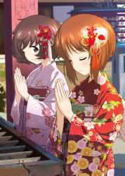 Rule 34 | 2girls, absurdres, akiyama yukari, architecture, blurry, blurry background, box, brown eyes, brown hair, closed mouth, day, depth of field, donation box, east asian architecture, floral print, flower, girls und panzer, hair flower, hair ornament, highres, japanese clothes, kimono, light blush, lips, long sleeves, looking at another, messy hair, multiple girls, nishizumi miho, obi, one eye closed, outdoors, own hands together, pink kimono, praying, print kimono, red kimono, sash, shadow, shiina excel, shinto, short hair, shrine, smile, standing, wide sleeves