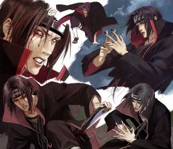Rule 34 | 1boy, clenched teeth, cloak, headband, lily (artist), long sleeves, looking at viewer, male focus, naruto, naruto (series), open mouth, own hands together, teeth, uchiha itachi