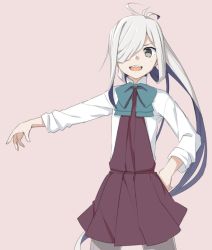 Rule 34 | 1girl, ahoge, asashimo (kancolle), commentary request, cowboy shot, grey eyes, grey pantyhose, hair over one eye, halterneck, kantai collection, long hair, long sleeves, looking at viewer, moti coi, open mouth, pantyhose, ponytail, school uniform, sharp teeth, shirt, silver hair, simple background, smile, solo, standing, teeth, white background, white shirt
