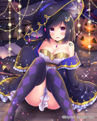 Rule 34 | 1girl, argyle, argyle clothes, argyle legwear, basket, black hair, black thighhighs, blush, book, breasts, broom, character request, choker, clothes between thighs, commentary request, company name, falkyrie no monshou, frilled sleeves, frills, furrowed brow, hat, jack-o&#039;-lantern, lantern, large breasts, looking at viewer, off shoulder, open book, parted lips, pink eyes, sitting, solo, sparkle, stardrop, tattoo, thighhighs, watermark, wide sleeves, witch, witch hat