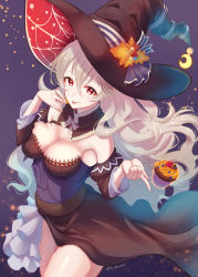 Rule 34 | 1girl, absurdres, black dress, black hat, breasts, cleavage, closed mouth, commentary request, corrin (female) (fire emblem), corrin (fire emblem), cupcake, detached collar, detached sleeves, dress, fire emblem, fire emblem fates, floating, floating hair, food, food on face, grey hair, hair between eyes, halloween, halloween costume, hat, highres, karashino, long hair, looking at viewer, medium breasts, nintendo, official alternate costume, red eyes, slit pupils, smile, solo, strapless, strapless dress, thighs, tongue, tongue out, twitter username, very long hair, wavy hair, witch, witch hat