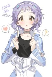 Rule 34 | 1girl, ?, absurdres, black shirt, blue jacket, blush, choker, clenched hands, collarbone, commentary request, dot nose, hair ornament, hairband, hands up, hano9789, heart, highres, idolmaster, idolmaster million live!, jacket, long sleeves, looking at viewer, makabe mizuki, open clothes, open jacket, open mouth, shirt, short hair, solo, speech bubble, spoken heart, spoken question mark, translation request, upper body, wavy hair, white choker, yellow eyes, zipper pull tab