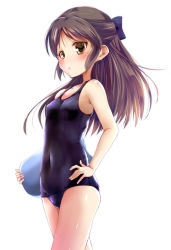 Rule 34 | 1girl, blue one-piece swimsuit, blush, bow, breasts, brown eyes, brown hair, covered navel, hair bow, half updo, hand on own hip, idolmaster, idolmaster cinderella girls, long hair, one-piece swimsuit, rikudou inuhiko, simple background, small breasts, solo, swimsuit, tachibana arisu, white background