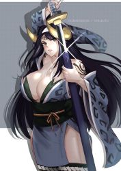 Rule 34 | 1girl, arm over head, backless outfit, bare shoulders, black hair, breasts, cleavage, collarbone, commission, demon horns, detached sleeves, fairy tail, headband, highres, holding, holding sword, holding weapon, horns, japanese clothes, katana, kimono, large breasts, long hair, obi, sash, seilah, sheath, shoulder tattoo, signature, solo, sword, tattoo, thighhighs, thighs, unsheathing, upper body, vialnite, weapon, wide sleeves