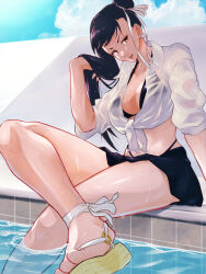 Rule 34 | 1girl, ankle ribbon, bikini, black bikini, black hair, blue sky, breasts, brown eyes, capcom, chun-li, cloud, commentary request, earrings, feet, foot out of frame, hair bun, hair half undone, hair ribbon, highres, jewelry, large breasts, leg ribbon, legs, long hair, looking at viewer, navel, outdoors, pool, poolside, ribbon, sandals, see-through, see-through shirt, shirt, signature, skirt, sky, smile, soaking feet, solo, street fighter, swimsuit, swimsuit under clothes, tied shirt, toes, water, wet, white ribbon, yuenibushi