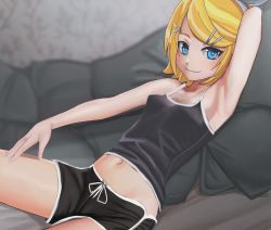 Rule 34 | 1girl, arm behind head, arm up, armpits, aruman, bare shoulders, black shirt, black shorts, blonde hair, blue eyes, blush, breasts, closed mouth, collarbone, couch, cushion, female focus, grey background, hair ornament, hairband, hairclip, happy, indoors, kagamine rin, light blush, looking at viewer, midriff, navel, reclining, shiny skin, shirt, short hair, short shorts, shorts, sitting, sleeveless, sleeveless shirt, small breasts, smile, solo, spaghetti strap, swept bangs, tank top, vocaloid, white hairband