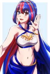 Rule 34 | 1girl, absurdres, alear (female) (fire emblem), alear (fire emblem), alternate costume, bare shoulders, bikini, blue eyes, blue hair, breasts, cleavage, commentary, fire emblem, fire emblem engage, heterochromia, highres, medium breasts, multicolored hair, navel, nintendo, red eyes, red hair, sarong, solo, swimsuit, to (tototo tk), two-tone hair, white bikini