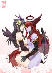 Rule 34 | 2girls, ass, ass grab, bad id, bad pixiv id, black hair, blonde hair, breast press, breasts, colored skin, detached sleeves, elbow gloves, flower, gloves, green eyes, hair flower, hair ornament, halo, head wings, hera (p&amp;d), large breasts, multicolored hair, multiple girls, nude, peagunz, persephone (p&amp;d), purple skin, puzzle &amp; dragons, red hair, saliva, saliva trail, symmetrical docking, tongue, wings, yuri