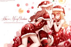 Rule 34 | 2girls, artist name, backless outfit, blush, breasts, capelet, cleavage, copyright name, dishwasher1910, embarrassed, english text, garter straps, gift, hair over one eye, hat, highres, holly, looking at viewer, merry christmas, mistletoe, multiple girls, neo politan, pantyhose, rwby, santa costume, santa hat, smirk, thighhighs, wavy mouth, white legwear, yang xiao long, yuri