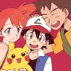 1girl 2boys :d ash_ketchum asymmetrical_hair baseball_cap black_hair blush brock_(pokemon) brown_eyes brown_hair creature creatures_(company) game_freak gen_1_pokemon green_eyes gym_leader happy hat highres holding holding_creature holding_pokemon jacket looking_at_viewer misty_(pokemon) multiple_boys nintendo ochappa open_mouth orange_hair pikachu pokemon pokemon_(anime) pokemon_(classic_anime) pokemon_(creature) pokemon_rgby ponytail red_background shirt short_hair shorts side_ponytail simple_background sleeveless smile spiked_hair suspenders tank_top teeth upper_body yellow_shirt