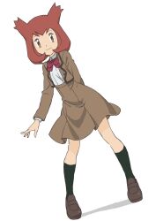 Rule 34 | 1girl, arm behind back, bianca (pokemon heroes), black socks, bow, bowtie, brown eyes, brown footwear, brown hair, brown jacket, brown skirt, closed mouth, commentary request, cosplay, creatures (company), eyelashes, flipped hair, full body, game freak, high-waist skirt, highres, ia (ilwmael9), jacket, kneehighs, long sleeves, nintendo, pokemon, pokemon (anime), pokemon (classic anime), pokemon heroes: latios &amp; latias, pokemon horizons, school uniform, shirt, shoes, skirt, smile, socks, solo, standing, two side up, white background, white shirt