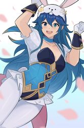 Rule 34 | 1girl, :d, animal ears, blue eyes, blue hair, choker, collarbone, dutch angle, fake animal ears, fire emblem, fire emblem awakening, fire emblem heroes, frilled choker, frills, gloves, gold trim, highres, leotard, looking at viewer, lucina (fire emblem), lucina (spring) (fire emblem), microskirt, nintendo, official alternate costume, open mouth, pantyhose, puffy short sleeves, puffy sleeves, rabbit ears, see-through, short sleeves, skirt, smgold, smile, solo, underbust, white gloves