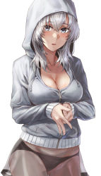 Rule 34 | 1girl, blue eyes, blush, breasts, cleavage, cowboy shot, grey jacket, hair between eyes, highres, hood, hooded jacket, jacket, kantai collection, kokuzou, large breasts, long hair, long sleeves, open mouth, silver hair, simple background, solo, suzutsuki (kancolle), white background, zipper, zipper pull tab
