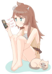 Rule 34 | 1girl, a girl adrift, animal, arezea, barefoot, black eyes, brown hair, brown tunic, cat, cellphone, clam, closed mouth, highres, long hair, looking at phone, phone, player (a girl adrift), playing games, screenshot inset, simple background, smartphone, solo, white background