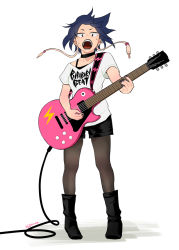 Rule 34 | 10s, 1girl, 3584mha, bad id, bad pixiv id, black pantyhose, black shorts, blue hair, boku no hero academia, boots, casual, choker, ear piercing, earplugs, electric guitar, full body, gibson les paul, guitar, highres, instrument, jirou kyouka, looking at viewer, open mouth, pantyhose, piercing, shirt, short sleeves, shorts, simple background, solo, sweat, t-shirt, teeth, twitter username, white background, wire