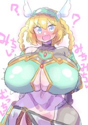 Rule 34 | 1girl, akan mori, blonde hair, blue eyes, blush, breasts, bursting breasts, character request, cowboy shot, eyelashes, female focus, functionally nude, hand on own hip, head wings, highres, huge breasts, japanese text, looking at viewer, open mouth, thick thighs, thighs, underboob, white background, wide hips, wings